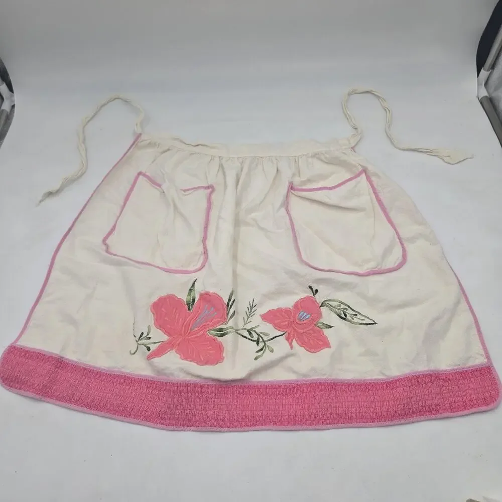 Vintage Handmade Embroidery Floral Pink Cotton Half Apron One Size 1940-1950s